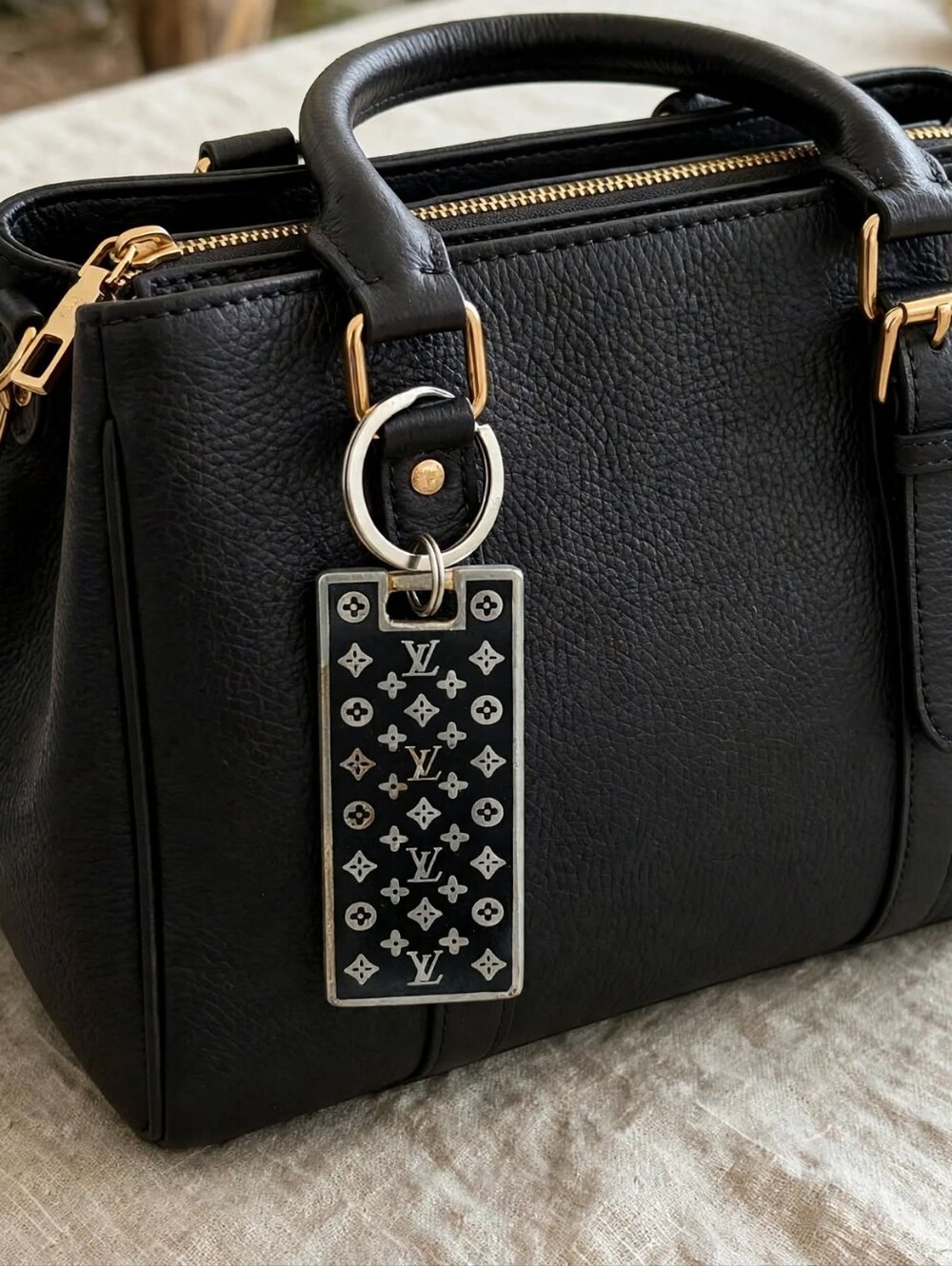 Louis Vuitton Monogram Black and Silver Keyring Vintage Charm AUTHENTIC